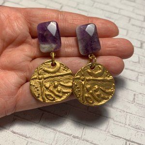 Amethyst 22k Gold Plated Coin Earrings (invA)